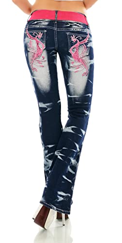 STIDIA Damen Bootcut Jeans Hose Schlaghose Verschiedene Stickerei Tattoo Drache Strauß Schriftzug inkl. Gürtel XS-XXL (as3, Numeric, Numeric_34, Regular, Regular, WT375-Pink, XS/34) von STIDIA