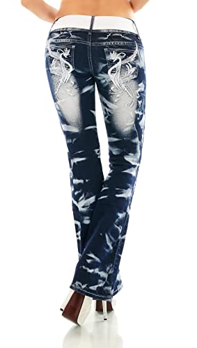 Damen Bootcut Jeans Hose Schlaghose Verschiedene Stickerei Tattoo Drache Strauß Schriftzug inkl. Gürtel XS-XXL (as3, Numeric, Numeric_34, Regular, Regular, WT375-Silber, XS/34) von STIDIA