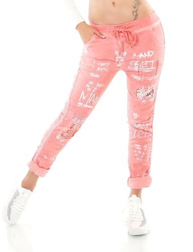 STIDIA Damen Hose Jogpants Baggy Boyfriend Freizeithose Schriftzug Seitenstreifen Häkel-Einsatz 36-40 (DE/NL/SE/PL, Alphanumerisch, Einheitsgröße, Regular, Regular, Koralle) von STIDIA