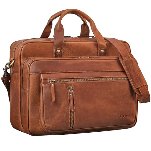 STILORD 'Ace' Aktentasche Leder Herren Damen Groß Business Tasche Echtleder Vintage für Laptop 15,6 Zoll Umhängetasche für Arbeit Büro Lehrer, Farbe:kara - cognac von STILORD