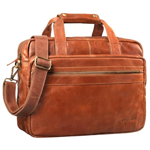 STILORD 'Adventure' Lehrertasche Herren Damen Aktentasche Office Büro Schulter- oder Umhängetasche Businesstasche für Laptop Leder, Farbe:cognac - glänzend von STILORD