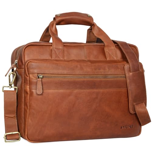 STILORD 'Adventure' Lehrertasche Herren Damen Aktentasche Office Büro Schulter- oder Umhängetasche Businesstasche für Laptop Leder, Farbe:cognac - braun von STILORD
