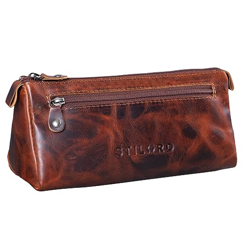 STILORD 'Alexis' Vintage Leder Etui Stiftemappe mit 2 Fächern und Reißverschluss Federtasche Federmäppchen Schlampermäppchen Echtes Leder, Farbe:Milano - braun von STILORD