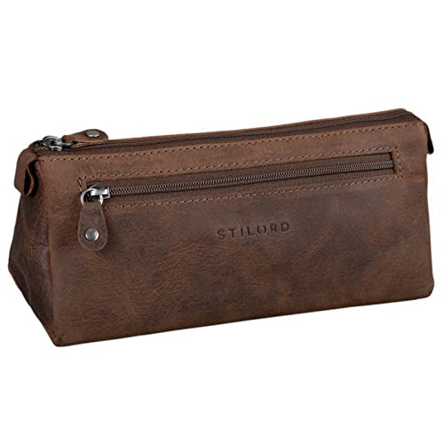 STILORD 'Alexis' Vintage Leder Etui Stiftemappe mit 2 Fächern und Reißverschluss Federtasche Federmäppchen Schlampermäppchen Echtes Leder, Farbe:Missouri - braun von STILORD
