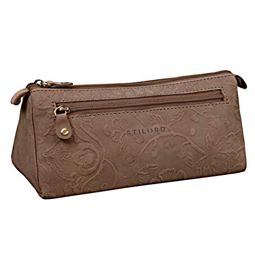 STILORD 'Alexis' Vintage Leder Etui Stiftemappe mit 2 Fächern und Reißverschluss Federtasche Federmäppchen Schlampermäppchen Echtes Leder, Farbe:Natur - braun von STILORD