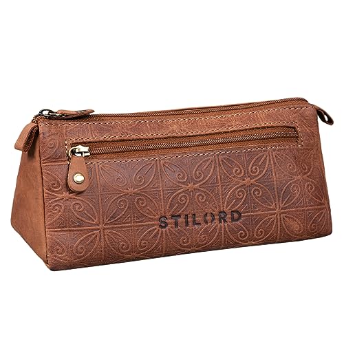 STILORD 'Alexis' Vintage Leder Etui Stiftemappe mit 2 Fächern und Reißverschluss Federtasche Federmäppchen Schlampermäppchen Echtes Leder, Farbe:Nevada - braun von STILORD