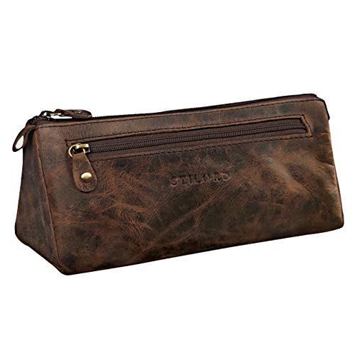 STILORD 'Alexis' Vintage Leder Etui Stiftemappe mit 2 Fächern und Reißverschluss Federtasche Federmäppchen Schlampermäppchen Echtes Leder, Farbe:Sepia - braun von STILORD