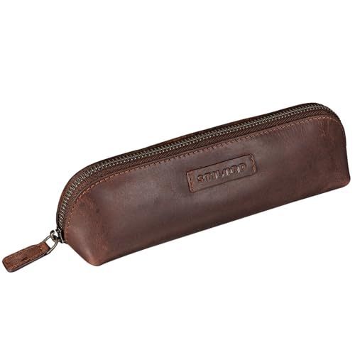 STILORD 'Alfons' Kleines Federmäppchen Erwachsene Leder Stiftetasche federtasche klein ledermäppchen Schlampermappe Etui Echtes Leder Federmappe klein, Farbe:sapelli - braun von STILORD