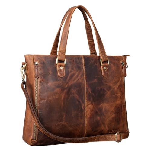 STILORD 'Amber' Business Umhängetasche Damen Leder Aktentasche groß Laptoptasche Vintage Handtasche Büro Businesstasche Echtleder, Farbe:Kara - Cognac von STILORD