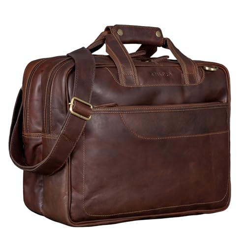 STILORD 'Astor' Große Lehrertasche Leder für Herren Damen Vintage Aktentasche XL Businesstasche Umhängetasche für breite A4 Ordner Laptop Trolley Aufsteckbar, Farbe:Cognac - Dunkelbraun von STILORD