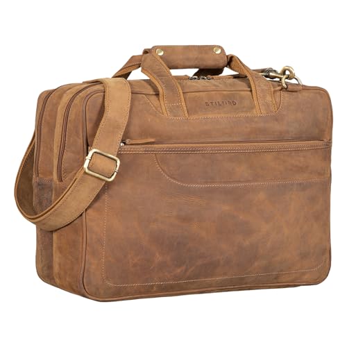 STILORD 'Astor' Große Lehrertasche Leder für Herren Damen Vintage Aktentasche XL Businesstasche Umhängetasche für breite A4 Ordner Laptop Trolley Aufsteckbar, Farbe:tan - Dunkelbraun von STILORD