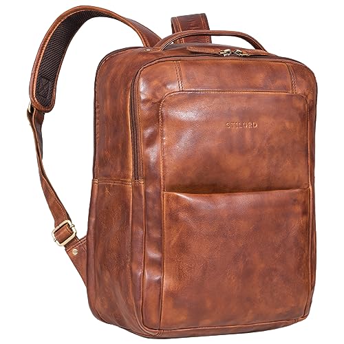 STILORD 'Balduin' Großer Leder Laptop Rucksack für Notebooks bis 15,6 Zoll Business Rucksack Herren Arbeitsrucksack Damen Echtleder Vintage Rucksack, Farbe:brandy - cognac von STILORD