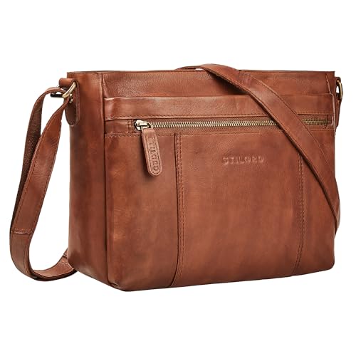 STILORD "Bianca Mittelgroße Ledertasche Damen Handtasche Cognac Mittelgroß Echtleder Damentasche Vintage Umhängetasche Leder Schultertasche Crossbody Bag mit Reißverschluss von STILORD
