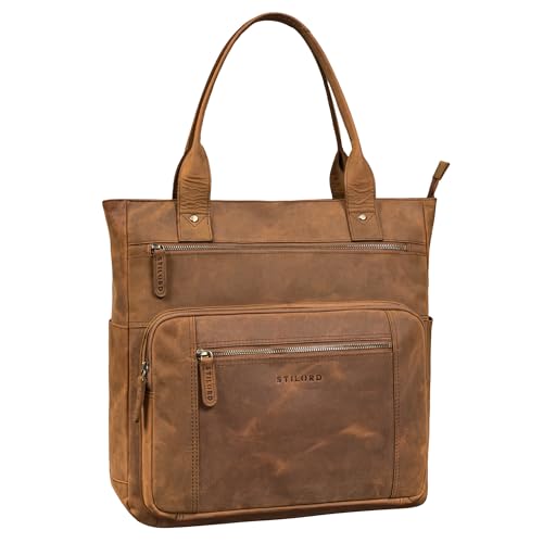 STILORD 'Bonnie' Große Handtasche Damen Leder-Shopper mit vielen Fächern Laptop bis 15,6 Zoll Stylishe Umhängetasche für City Uni Büro Tote Bag Henkeltasche Echtleder, Farbe:tan - dunkelbraun von STILORD