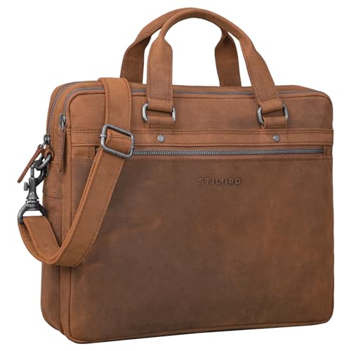 STILORD 'Brayson' Businesstasche 15 Zoll Leder Laptoptasche Aktentasche zum Umhängen Trolley Aufsteckbar Echtes Vintage Leder, Farbe:tan - Dunkelbraun von STILORD