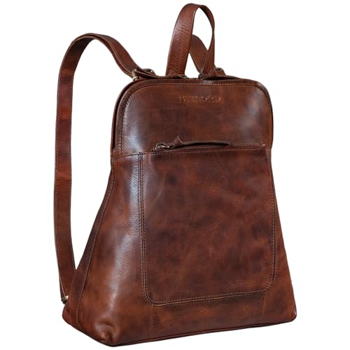 STILORD 'Cathy' Frauen Rucksack Elegant Leder Cityrucksack Damen Daypack Vintage Rucksackhandtasche Echtleder, Farbe:porto - cognac von STILORD