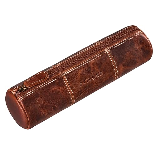 STILORD 'Cato' Leder Federmappe Vintage Federtasche Stifte Etui rundes Federmäppchen Lederetui für Damen Herren Pencil Case Stifterolle aus Echtem Leder von STILORD