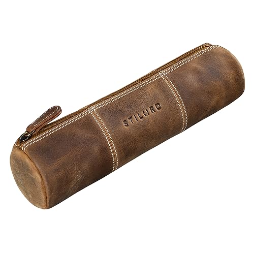 STILORD 'Cato' Leder Federmappe Vintage Federtasche Stifte Etui rundes Federmäppchen Lederetui für Damen Herren Pencil Case Stifterolle aus Echtem Leder von STILORD