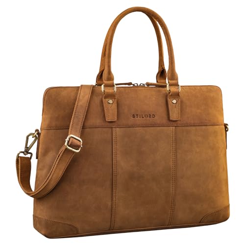 STILORD 'Charlize' Moderne Leder Businesstasche Damen Groß Echtleder Laptoptasche 13-15.6 Zoll zum Umhängen - ideal als Aktentasche Freizeittasche oder Shopper, Farbe:tan - dunkelbraun von STILORD