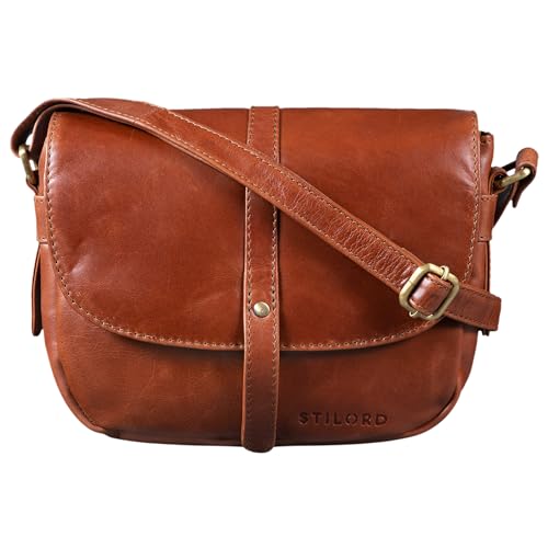 STILORD 'Clara' Kleine Umhängetasche Frauen Leder Vintage Handtasche zum Ausgehen klassische Abendtasche Partytasche Freizeittasche Echtleder, Farbe:cognac - glänzend von STILORD