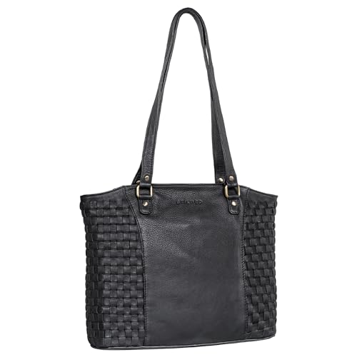 STILORD 'Cora' Leder Handtasche im Boho-Look Damen Handtasche Groß Businesstasche Geflochtenes Leder Frauen Tote Bag Shopper für Büro Schule Uni, Farbe:schwarz von STILORD