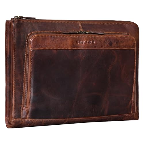 STILORD 'Dillon' Leder Aktenmappe Konferenzmappe 13 Zoll Laptoptasche Vintage Dokumentenmappe Schreibmappe DIN A4 Businessmappe Portfolio Mappe Echtleder, Farbe:Lyon - braun von STILORD