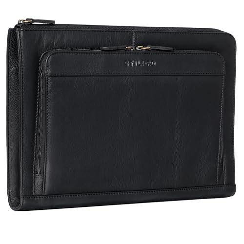 STILORD 'Dillon' Leder Aktenmappe Konferenzmappe 13 Zoll Laptoptasche Vintage Dokumentenmappe Schreibmappe DIN A4 Businessmappe Portfolio Mappe Echtleder, Farbe:schwarz von STILORD
