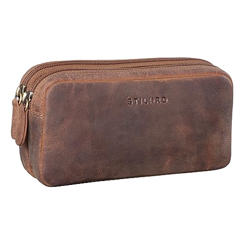 STILORD 'Eddie' Leder Federmäppchen Stifteetui Groß Stiftemappe mit 2 Reißverschluss Fächern Schlamper-Mäppchen Vintage Federmappe Etui Kosmetiktasche Echtleder, Farbe:mittel - braun von STILORD