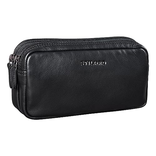 STILORD 'Eddie' Leder Federmäppchen Stifteetui Groß Stiftemappe mit 2 Reißverschluss Fächern Schlamper-Mäppchen Vintage Federmappe Etui Kosmetiktasche Echtleder, Farbe:schwarz von STILORD