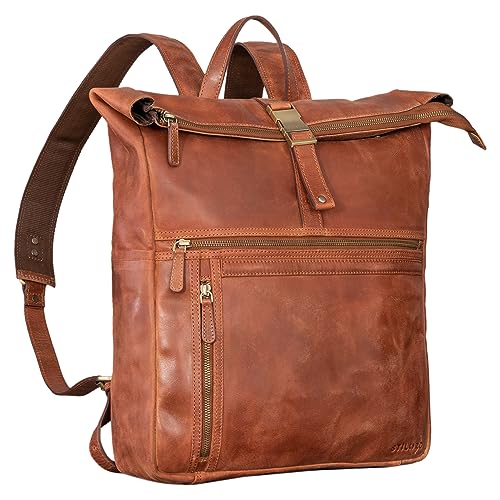 STILORD 'Edmund' Vintage Rolltop Rucksack Leder Herren und Damen moderner Laptop Rucksack 17 Zoll Echt Leder Rucksack Büro Vintage, Farbe:andorra - braun von STILORD