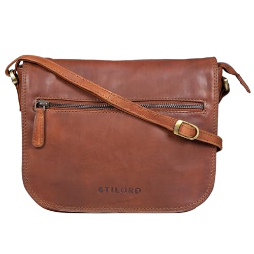 STILORD 'Elsa' Umhängetasche Damen Leder klein Handtasche Frauen Vintage kleine Damentasche Ausgehen Abendtasche Partytasche Freizeittasche Echtleder, Farbe:cognac - braun, Größe:M von STILORD