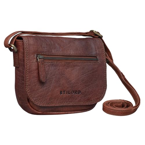 STILORD 'Elsa' Umhängetasche Damen Leder klein Handtasche Frauen Vintage kleine Damentasche Ausgehen Abendtasche Partytasche Freizeittasche Echtleder, Farbe:tisco - cognac, Größe:S von STILORD