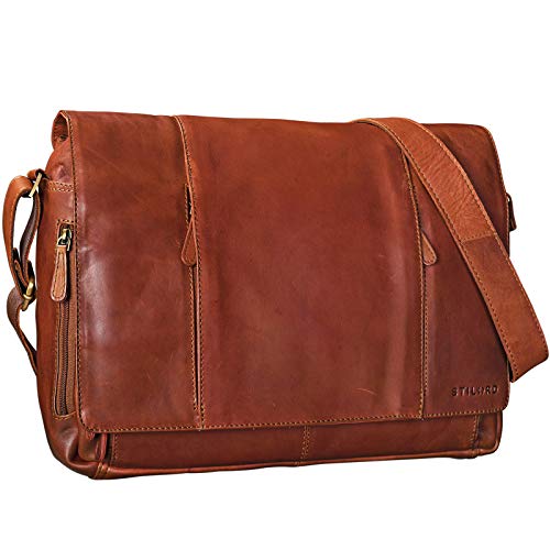 STILORD 'Erik' Vintage Schultertasche Leder braun 15,6 Zoll Notebooktasche Umhängetasche Herren und Damen Unitasche Arbeit Büro Echtleder, Farbe:Cognac - braun von STILORD