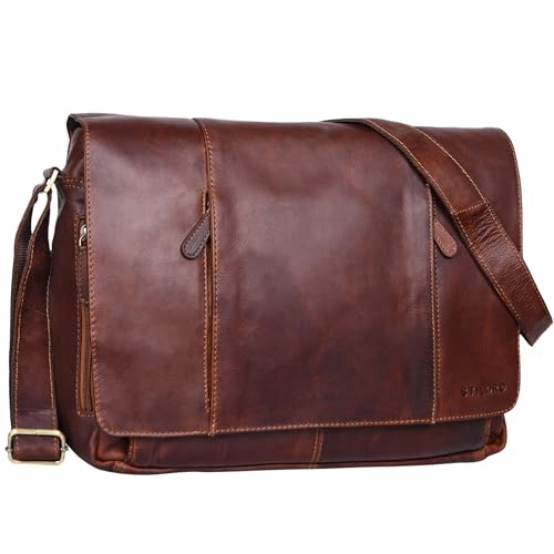 STILORD 'Erik' Vintage Schultertasche Leder braun 15,6 Zoll Notebooktasche Umhängetasche Herren und Damen Unitasche Arbeit Büro Echtleder, Farbe:Cognac - Dunkelbraun von STILORD