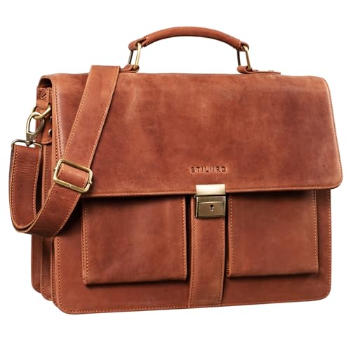 STILORD 'Eros' Aktentasche Leder 15,6 Zoll Laptoptasche Business Umhängetasche Große Arbeitstasche XL Vintage Ledertasche mit Dreifachtrenner, Farbe:Andorra - braun von STILORD