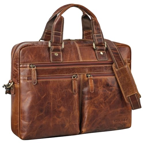 STILORD 'Eugen' Leder Aktentasche Umhängetasche mit Laptopfach 15,6 Zoll Vintage Bürotasche DIN A4 Notebooktasche Business Akten Tasche aus Echtem Leder, Farbe:cannes - braun von STILORD