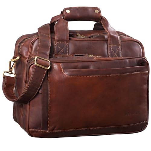 STILORD 'Excelsior' Schultasche Leder Herren Damen Lehrertasche Aktentasche Büro Schulter- und Umhängetasche für Laptop Dreifachtrenner Echt Leder Vintage, Farbe:Cognac - Dunkelbraun von STILORD