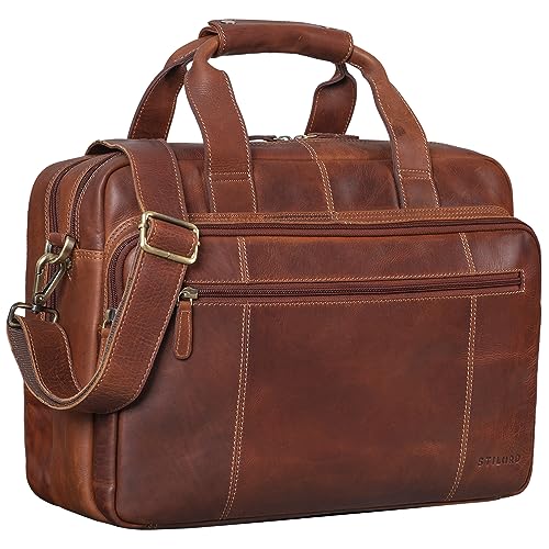 STILORD 'Experience' Vintage Lehrertasche Leder groß für Herren Damen XL Aktentasche Business Schulter- oder Umhängetasche für Laptop Trolley aufsteckbar, Farbe:Porto - Cognac von STILORD