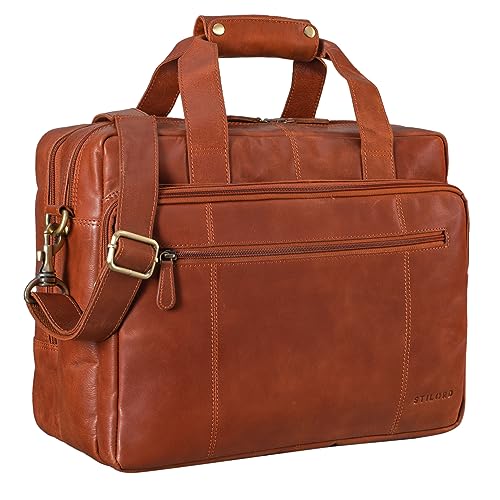 STILORD 'Experience' Vintage Lehrertasche Leder groß für Herren Damen XL Aktentasche Business Schulter- oder Umhängetasche für Laptop Trolley aufsteckbar, Farbe:vegetabil - Brandy von STILORD