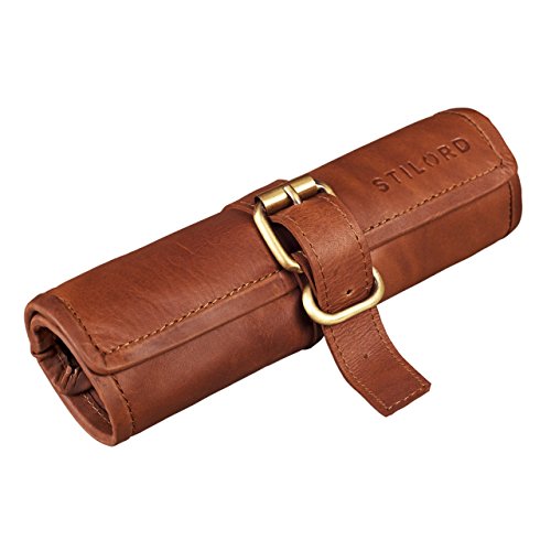 STILORD 'Felix' Stifteetui Leder Vintage groß Federmäppchen Lederetui rund Federmappe Federtasche Tasche, Farbe:Cognac - Hellbraun von STILORD