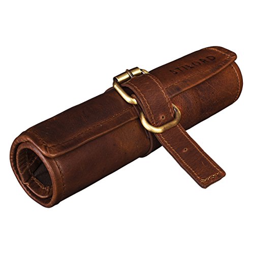 STILORD 'Felix' Stifteetui Leder Vintage groß Federmäppchen Lederetui rund Federmappe Schlamperrolle Federtasche Tasche Echtleder, Farbe:Cognac - Dunkelbraun von STILORD