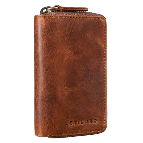 STILORD 'Fidelis' Leder Schlüsselmäppchen Vintage 3-in-1 Schlüsseletui Kleine Geldbörse mit RFID Blocker Kartenetui Schlüssel Organizer aus Echt Lederd, Farbe:Kara - Cognac von STILORD