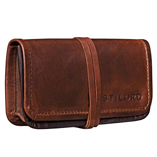 STILORD 'Flavio' Leder Tabakbeutel Tabaktasche Drehertasche Lederaccessoire Kopfhörertasche Unisex Vintage Leder, Farbe:Cognac - Dunkelbraun von STILORD