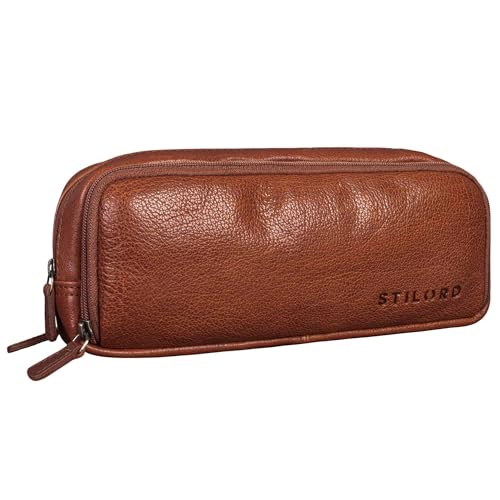 STILORD 'Flo' Leder Federmäppchen Groß echtes Rindsleder Mäppchen Vintage Pencil Case Stifte-Etui Retro Schlampermäppchen mit 3 Reißverschlüssen, Farbe:maraska - braun von STILORD