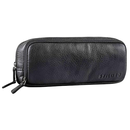 STILORD 'Flo' Leder Federmäppchen Groß echtes Rindsleder Mäppchen Vintage Pencil Case Stifte-Etui Retro Schlampermäppchen mit 3 Reißverschlüssen, Farbe:schwarz von STILORD