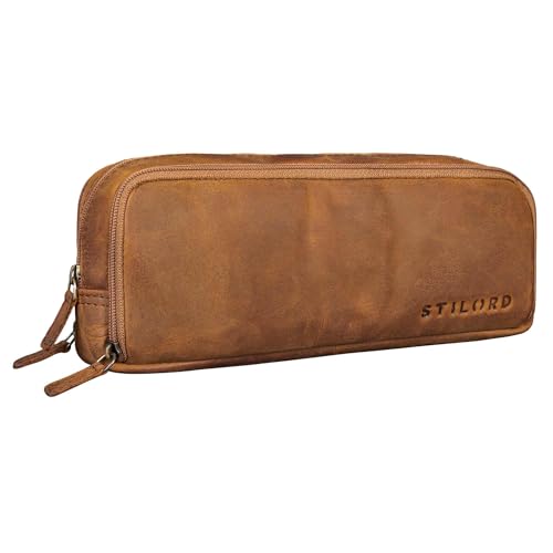 STILORD 'Flo' Leder Federmäppchen Groß echtes Rindsleder Mäppchen Vintage Pencil Case Stifte-Etui Retro Schlampermäppchen mit 3 Reißverschlüssen, Farbe:tan - Dunkelbraun von STILORD