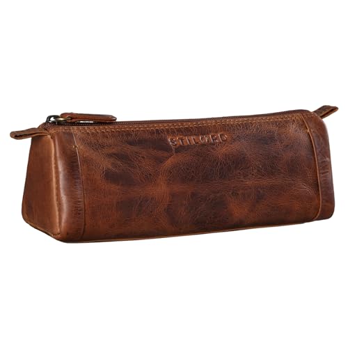 STILORD 'Freddie' Federtasche Leder Schreibetui 2 Fach Vintage Federmäppchen Groß Stiftemappe Faulenzer Schlamperetui für Lineal Stifte Pinsel aus Echtleder, Farbe:Kara - Cognac von STILORD