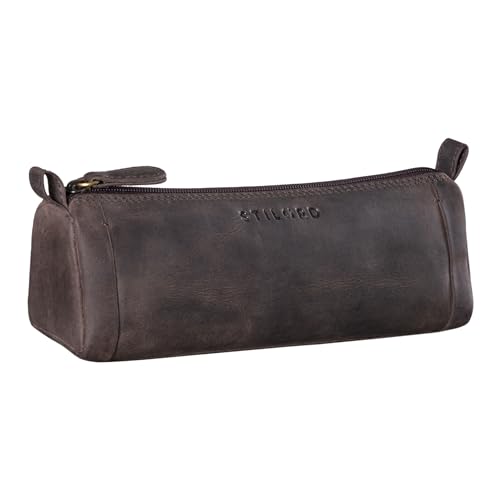 STILORD 'Freddie' Federtasche Leder Schreibetui 2 Fach Vintage Federmäppchen Groß Stiftemappe Faulenzer Schlamperetui für Lineal Stifte Pinsel aus Echtleder, Farbe:dunkel - braun von STILORD