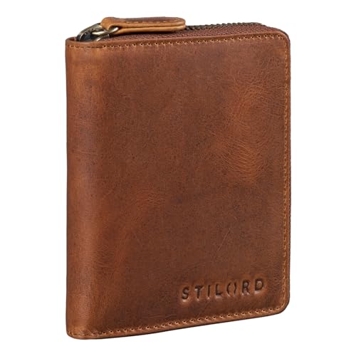 STILORD 'Giannis' Mini Leder Portemonnaie Herren RFID Brieftasche Hochformat Geldbörse Klein mit Reißverschluss Vintage Wallet aus echtem Leder, Farbe:Kara - Cognac von STILORD