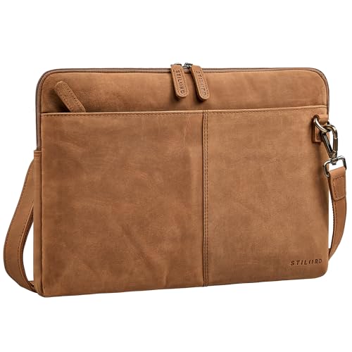 STILORD 'Graham' Vintage Laptoptasche 15.6 Zoll Leder Aktentasche Herren Damen Notebooktasche Echtleder Laptop Sleeve Schmale Business Umhängetasche mit Schultergurt, Farbe:tan - dunkelbraun von STILORD